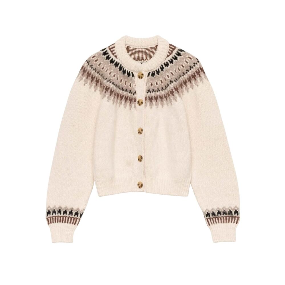 Doen Clarke Wool Alpaca Button Cardigan Knit Sweater Oatmeal Fair Isle Cream